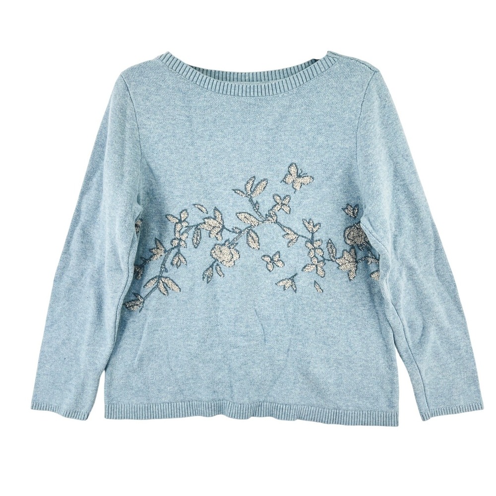 J. Jill Cottagecore Coastal Sweater M Pastel‎ Blue Floral Butterfly Embroidered